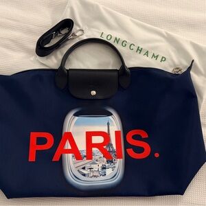 Longchamp x Paris CDG Exclusive Le Pliage Large Travel Bag w Strap NWT